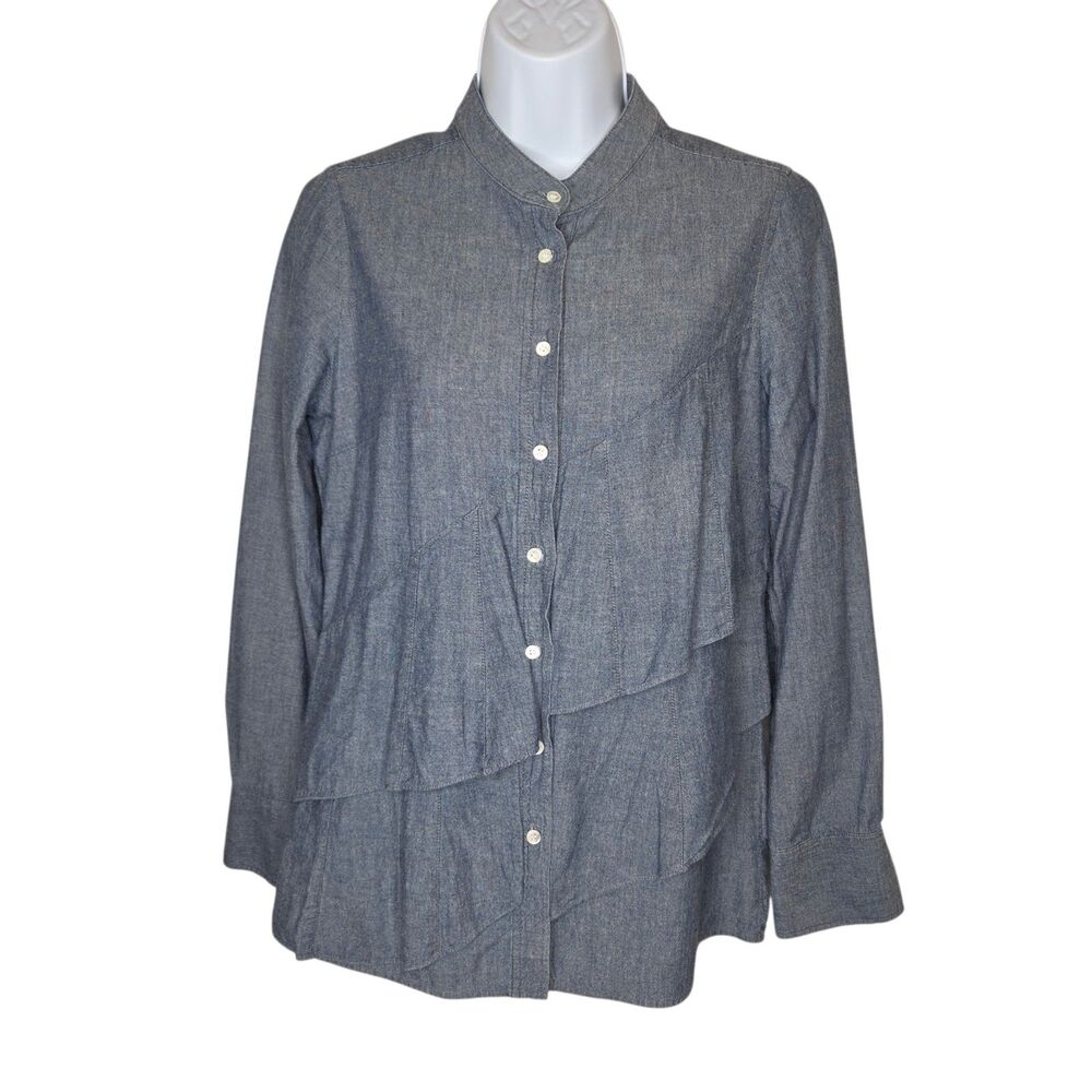 J.Crew Chambray Asymmetric Tiered Ruffle Mandarin Collar Shirt Size 4
